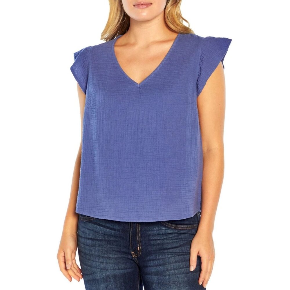 Three Dots Double Gauze Shirt Size Large V Neck Short Sleeve Top Periwinkle NEW